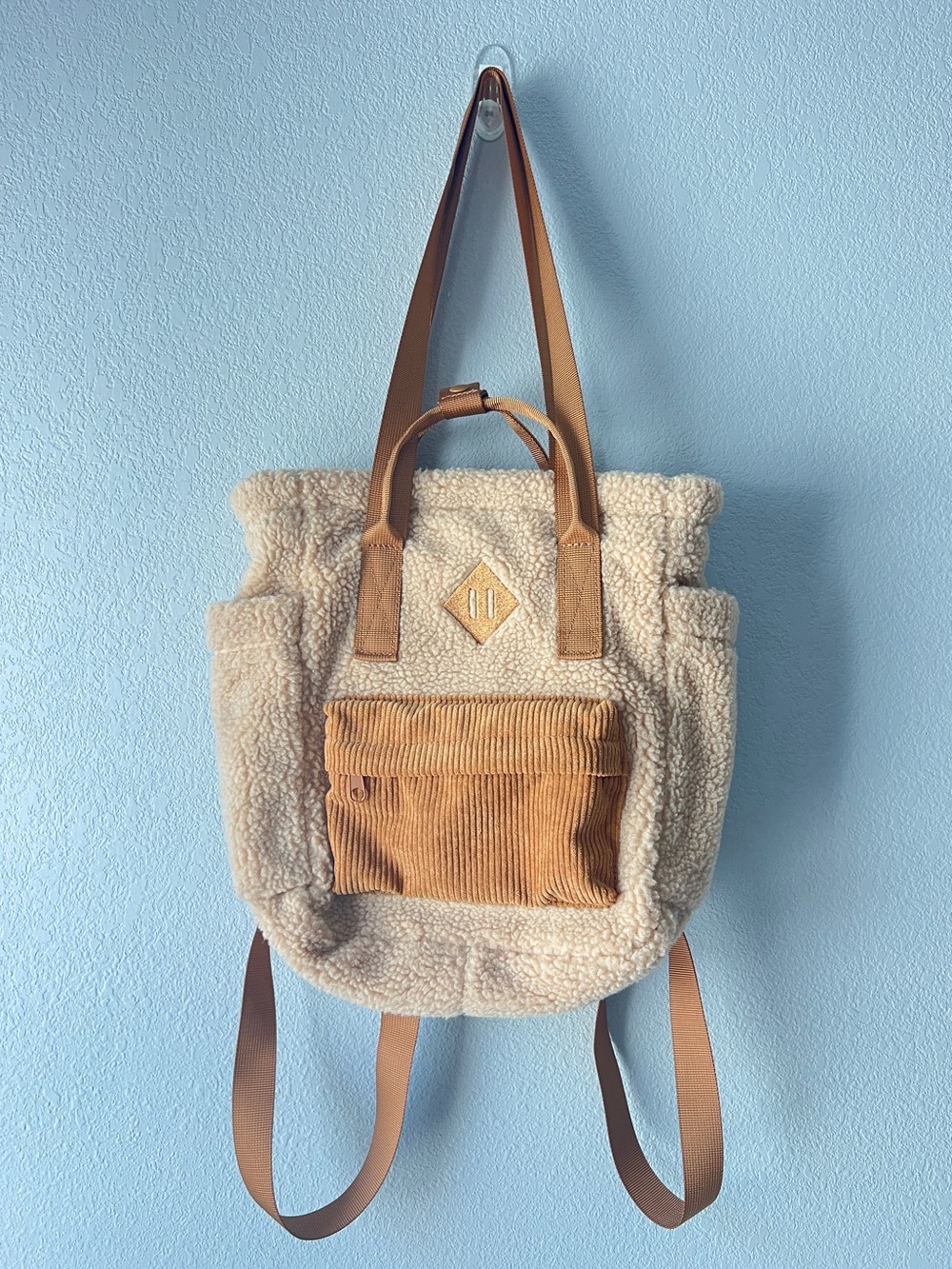 Cozy Sherpa Teddy Backpack Tote Beige Corduroy Pocket Cottagecore Fall Bag